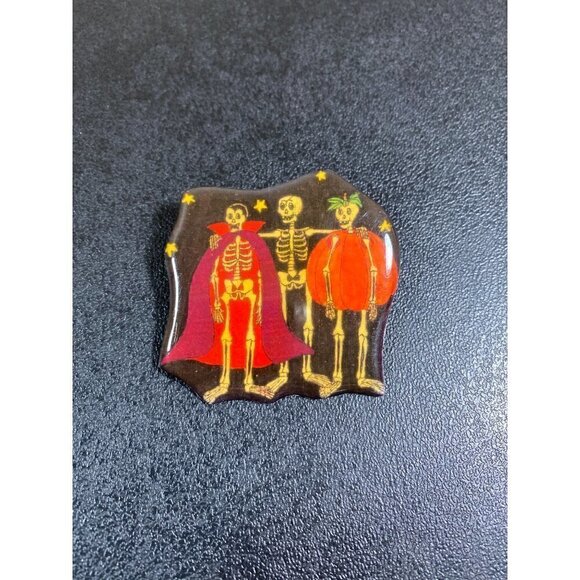 Vintage Skeleton Pumpkin Dracula Costume Halloween Friends Epoxy Brooch Pin - Picture 2 of 7